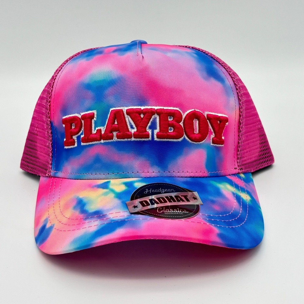 Playboy Tie Dye Trucker Hat Headgear Classics Pink Blue Mesh Snapback Cap NEW